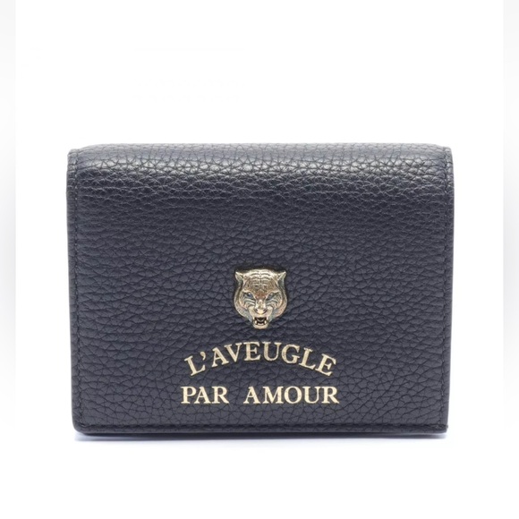 Gucci Animalier Compact Bifold Wallet in Grained Calfskin Leather Feline Motif - Picture 1 of 2